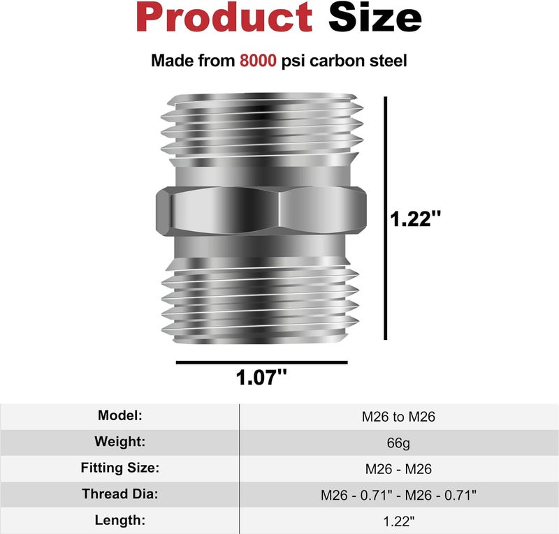joytrace 2pcs M26 to M26 Carbon Stee Fittings Adapters for Mini Excavator Adapting, Reducing Or Enlarging Connect Such Air Pipe, Fuel Pipe, Water Pipe, Etc Full Port Straight Pipe Fitting Connector - Image 3